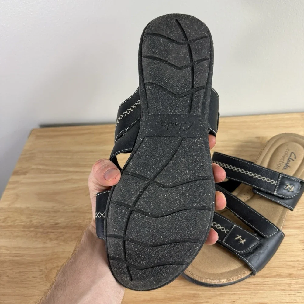 Clarks Women's Roseville Bay Leather Slip On Slide‎ Sandals Black Size 10